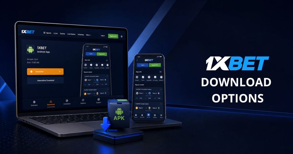 1xBet APK download options on laptop and phone